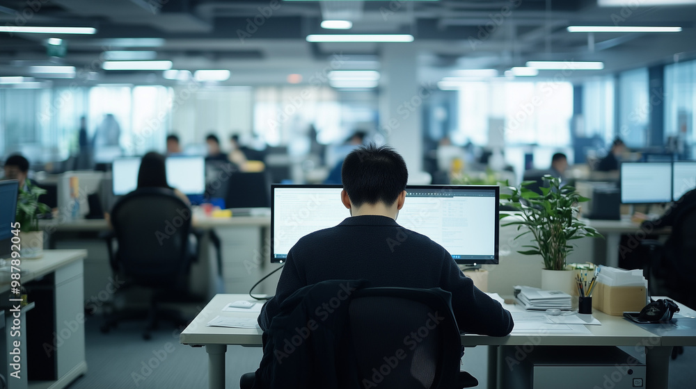 a bustling corporate office environment, viewed across a large, open floor plan. Numerous employees are seated at their desks, deeply focused on their computer screens, indicative of a typical busy wo