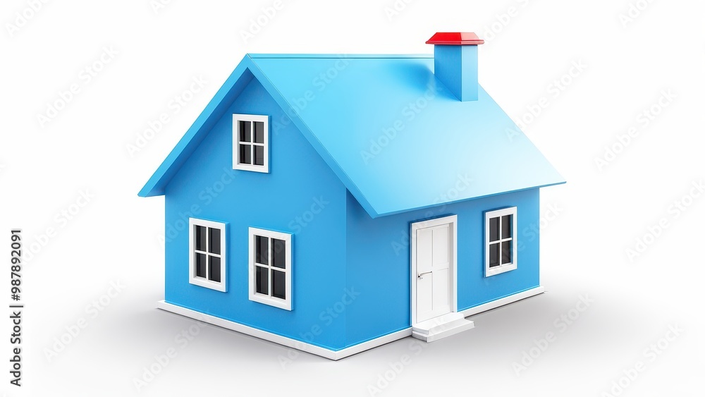 A simple blue cartoon house with a red chimney and white door on a white background. A simple blue cartoon house with a red chimney and white door on a white background.