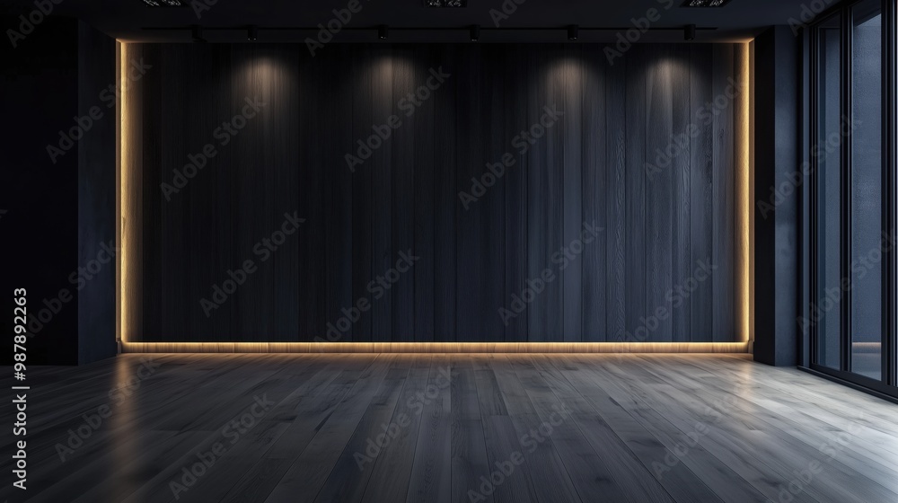 A large room with a black wall and wooden floor. The room is empty and has a minimalist feel A large room with a black wall and wooden floor. The room is empty and has a minimalist feel