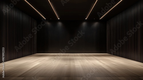 Wallpaper Mural A large empty room with wooden floors and black walls. The room is empty and has no furniture or decorations Torontodigital.ca