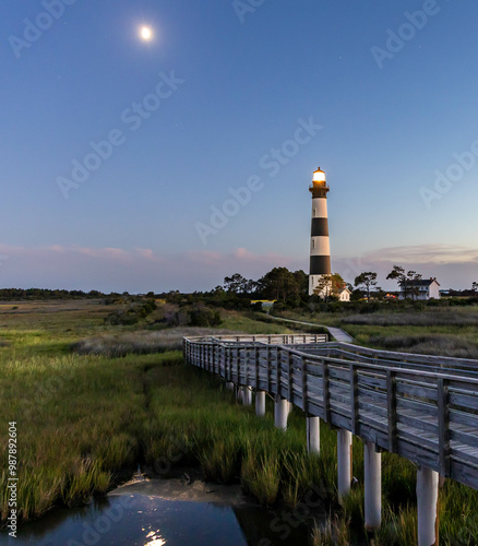 Bodie Island Lighthouse with Moon and Boardwalk at dusk photo