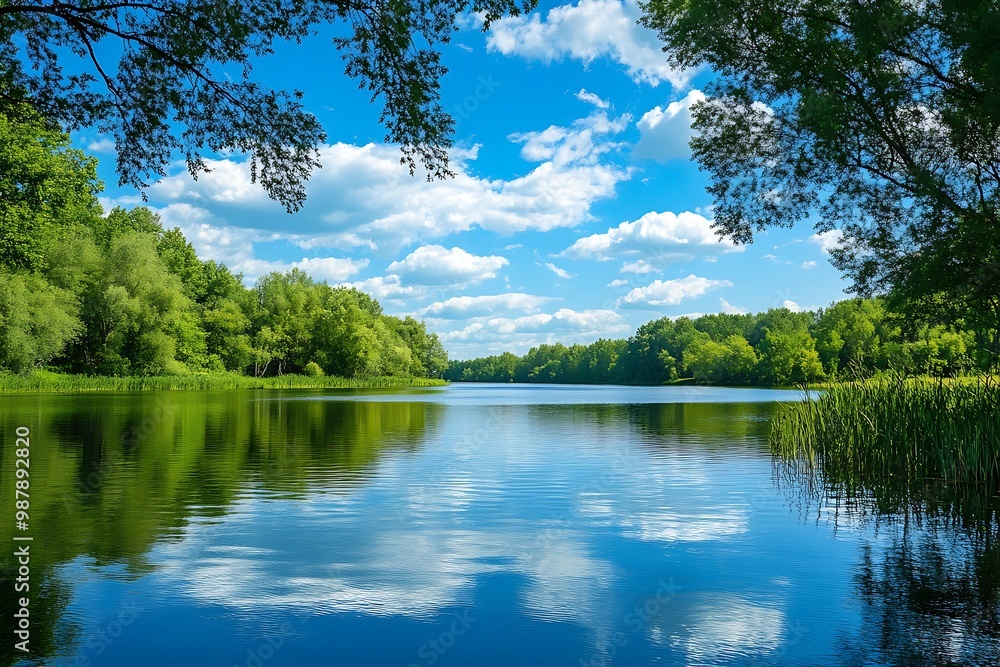 Fototapeta premium Tranquil lake and lush green trees under a blue sky with white clouds