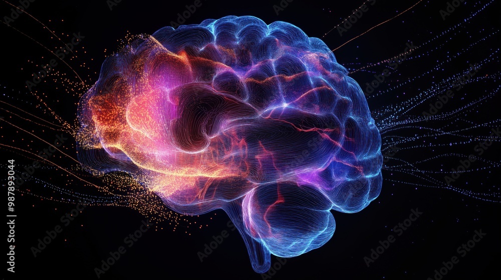 Brain with many colorful strands coming out of it. The brain is surrounded by a black background Brain with many colorful strands coming out of it. The brain is surrounded by a black background
