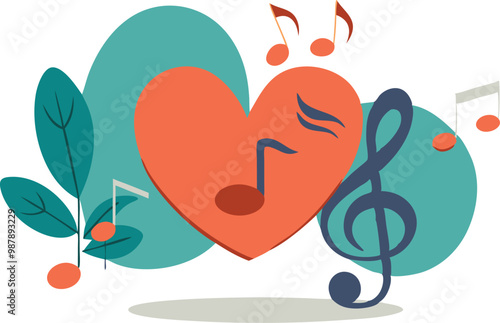 Heart and musical notes, flat vector illustration symbolizing love and music