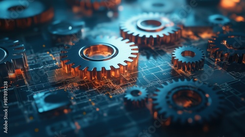 Close up of gears on a blue background. The gears are all different sizes and are all connected to each other. Concept of complexity and interconnectivity