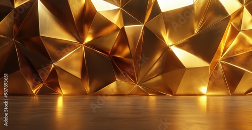 Gold wall with triangles and a gold floor. The wall is made of gold paper and the floor is made of gold metal. The room has a warm photo