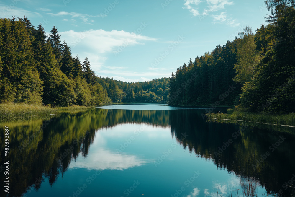 Serene lake surrounded by lush greenery and trees reflecting the clear blue sky above it. Nature photography in summer with beautiful landscape and pond Serene lake surrounded by lush greenery and trees reflecting the clear blue sky above it. Nature photography in summer with beautiful landscape and pond