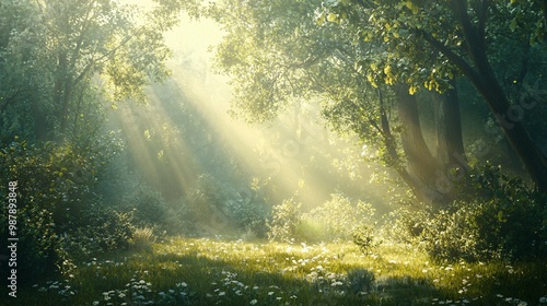 Sunbeams filtering through a lush green forest with a field of white flowers in the foreground.