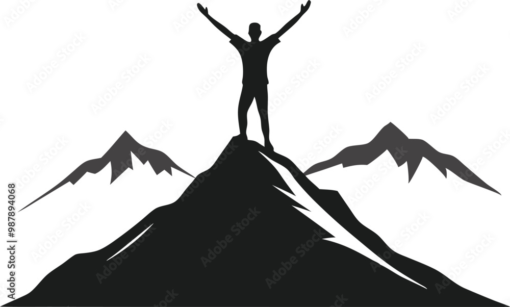 Person standing on mountain peak, flat vector illustration representing achievement and success