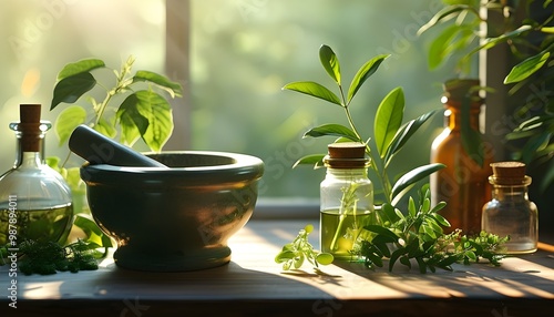 Tranquil still life of mortar and pestle, glass bottles, and green plants illuminated by soft sunlight photo