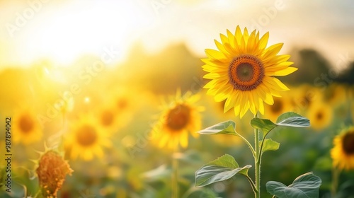 Several very beautiful sunflowers, on a light blurred background.