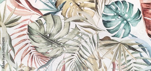 Texture of wallpaper or fabric with an ornament of colored palm leaves on a white background. Print with palm leaves ornament. Exotic background ornament. Interior design wallpaper. Fashion design.