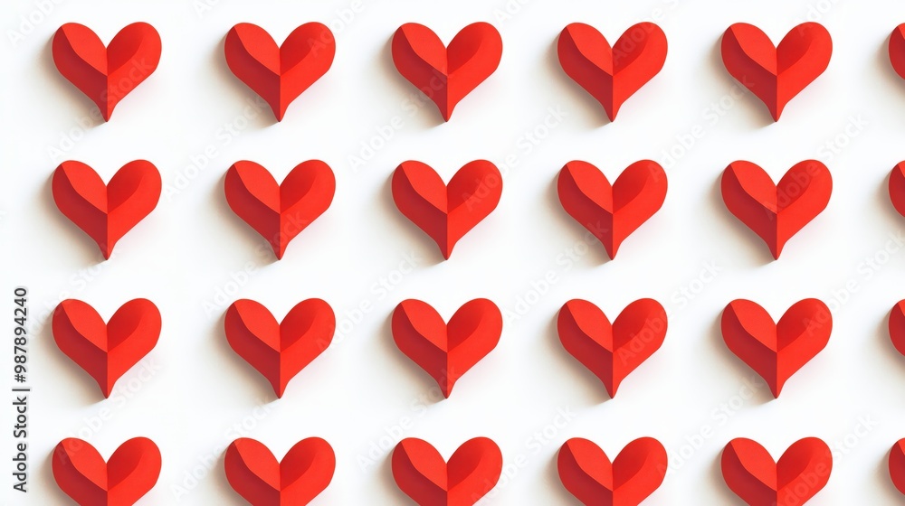 Row of red hearts are arranged in a pattern on a white background. The hearts are cut out of paper and are arranged in a way that creates a sense of unity and harmony Row of red hearts are arranged in a pattern on a white background. The hearts are cut out of paper and are arranged in a way that creates a sense of unity and harmony