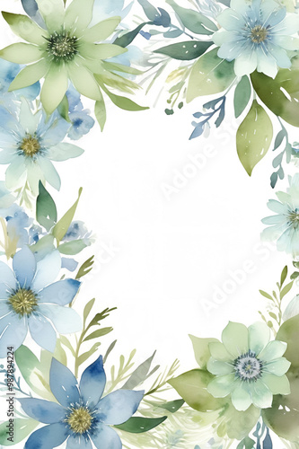 A frame with green leaves and blue flowers, a clipart image, isolated, a template for a greeting, gift card, or invitation.