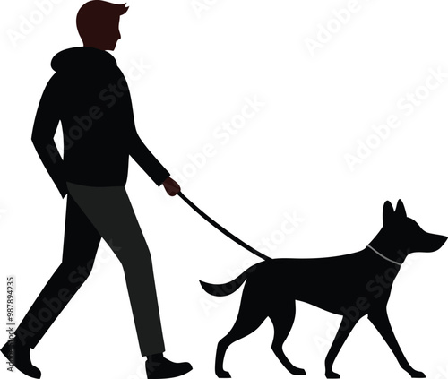Silhouette of a person walking a dog, flat vector illustration of outdoor activity