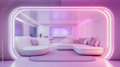 futuristic livingroom interior with white sofa and pink neon lights