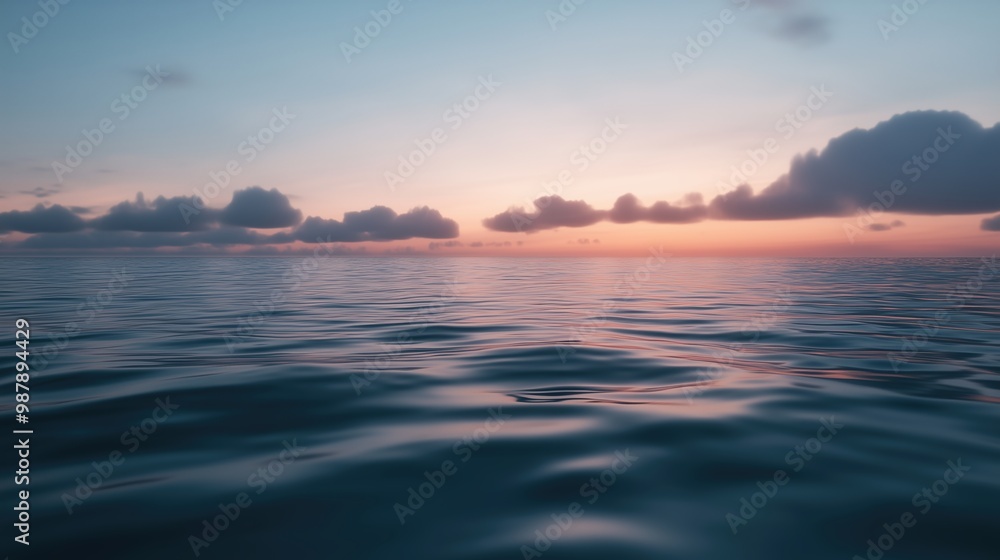 The ocean is calm and the sky is a beautiful shade of pink. The clouds are scattered throughout the sky, creating a serene atmosphere The ocean is calm and the sky is a beautiful shade of pink. The clouds are scattered throughout the sky, creating a serene atmosphere