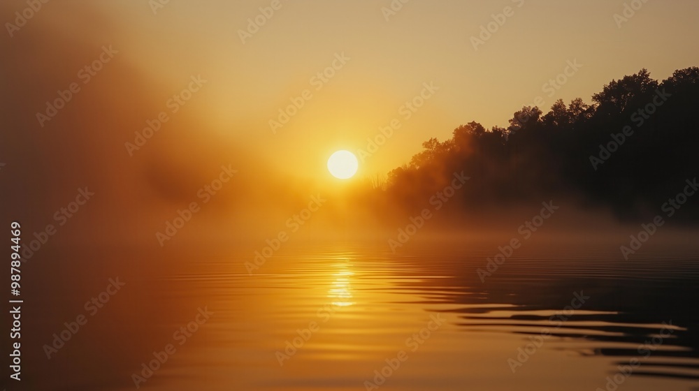 The sun is setting over a body of water, creating a beautiful The sun is setting over a body of water, creating a beautiful