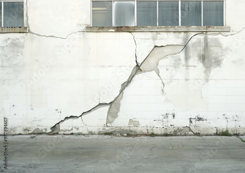 Wall with a large crack in it. The crack is very wide and extends from the top of the wall to the bottom. The wall is made of concrete and is very old