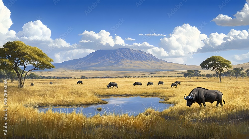 African savanna with mountain in national wild park, african savanna with mountain African savanna with mountain in national wild park, african savanna with mountain