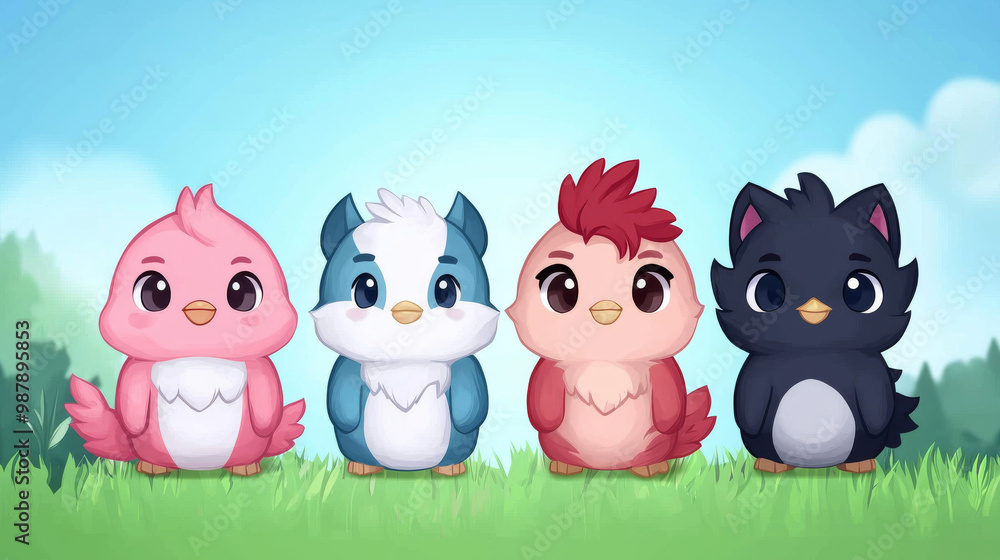 Four cute cartoon birds stand in a row against a blue sky.