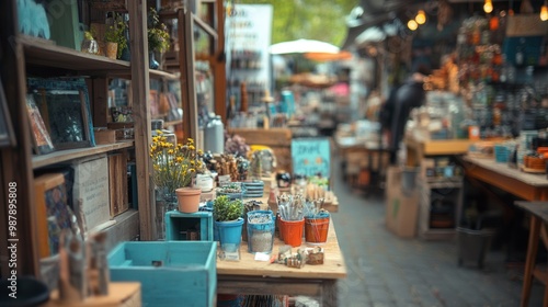 A small business selling eco-friendly, handcrafted products made from recycled materials at a local market