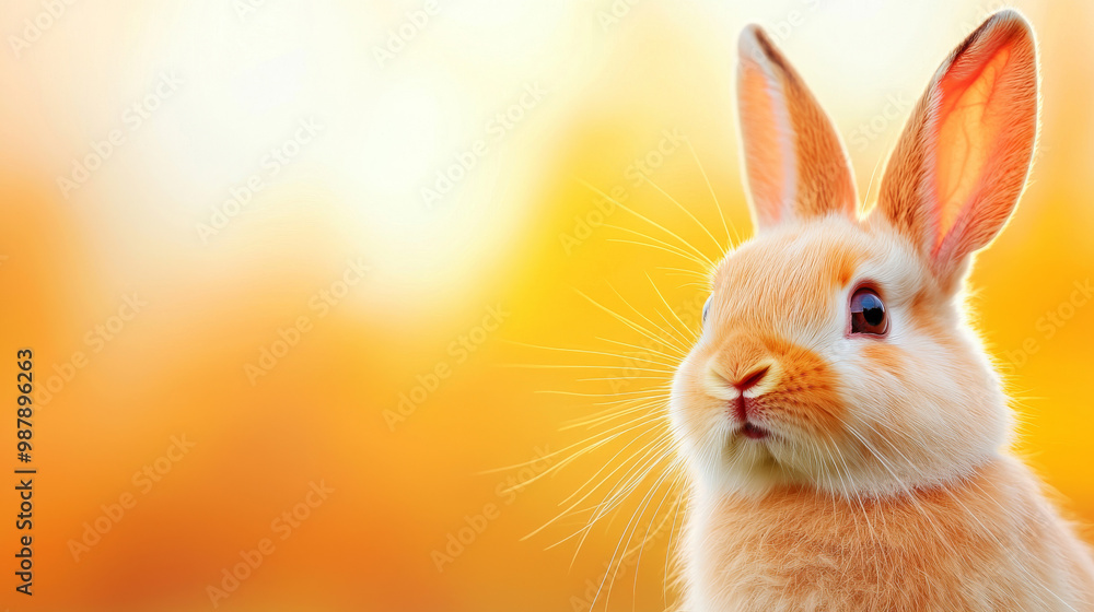 Obraz premium Cute bunny rabbit with big ears against a bright yellow backdrop.