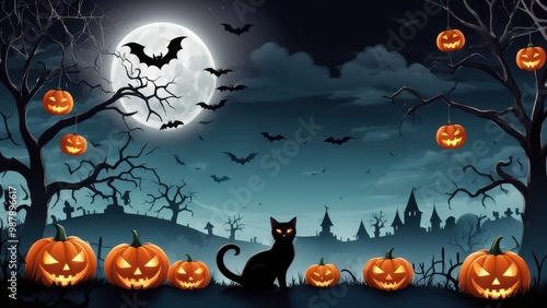 A spooky Halloween scene featuring pumpkins, bats, a cat, and a full moon.