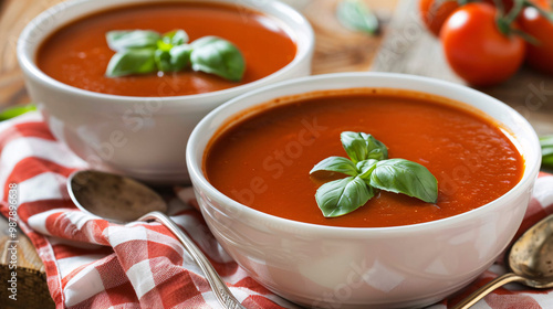 Bowls of rich tomato basil soup. Presented on a charming gingham cloth. 