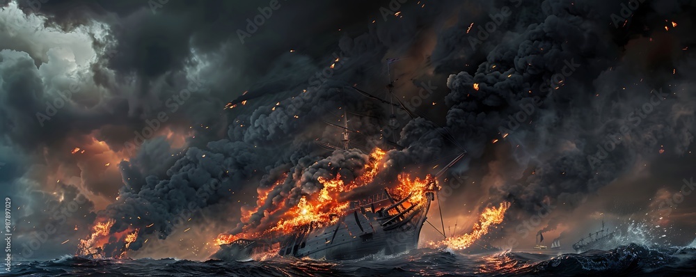 A ship burning fiercely, black clouds and smoke filling the sky. A ship burning fiercely, black clouds and smoke filling the sky.