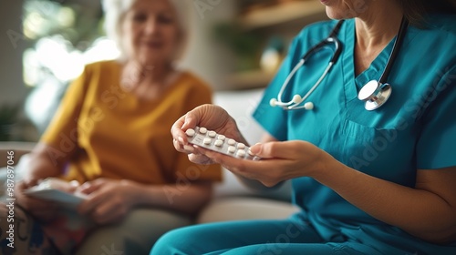 A close-up of a home care nurse assisting a patient with daily tasks, such as medication management and wound care.