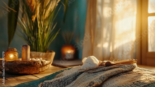 A close-up of a holistic treatment room, featuring calming decor, natural materials, and tools for therapies like reiki and reflexology.