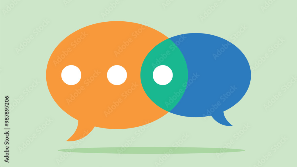communication icon. Two clouds, one orange, the other blue, overlap. The common element is green. The orange cloud has three white dots. Flat design vector. communication icon. Two clouds, one orange, the other blue, overlap. The common element is green. The orange cloud has three white dots. Flat design vector.
