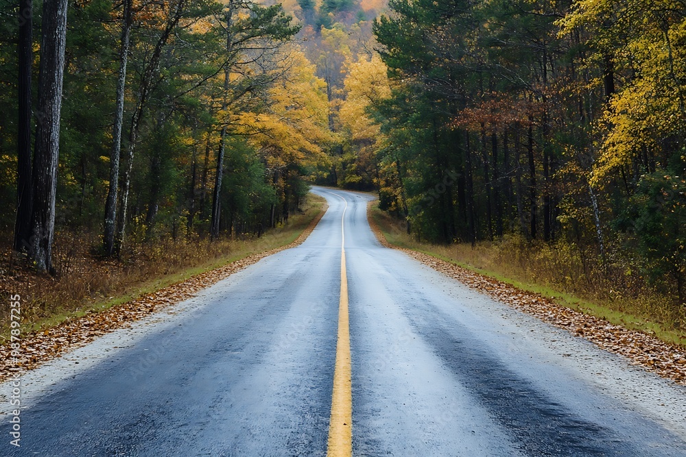 Fototapeta premium Asphalt road leading through the forest in autumn