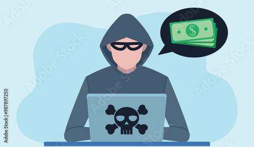 A hacker sitting in front of a laptop. The figure is wearing a gray hoodie and a dark bubble of money is coming from the figure. In the background of the laptop is a skull. Flat design vector.