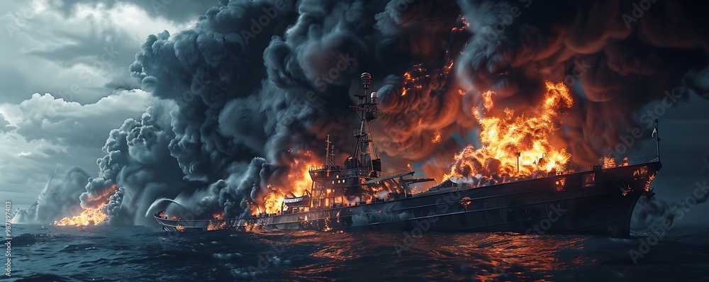 A ship burning fiercely, black clouds and smoke filling the sky. A ship burning fiercely, black clouds and smoke filling the sky.