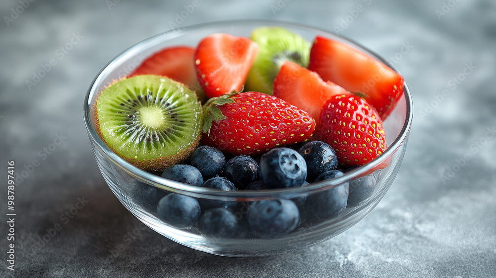 A bowl of fresh strawberries, blueberries, and kiwi slices. A bowl of fresh strawberries, blueberries, and kiwi slices.