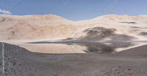 Lake Chukurkul with a mirror surface reflects rocky mountains and blue sky in the Tien Shan mountains in Pamir in Tajikistan, mirror landscape for the background photo