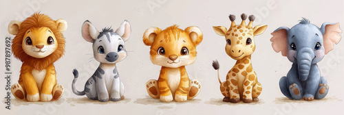 Five adorable cartoon baby animals sitting together.
