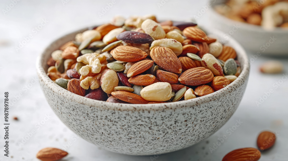 Bowl of mixed nuts including almonds and cashews. Bowl of mixed nuts including almonds and cashews.