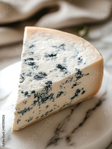 A wedge of blue cheese on a marble surface.