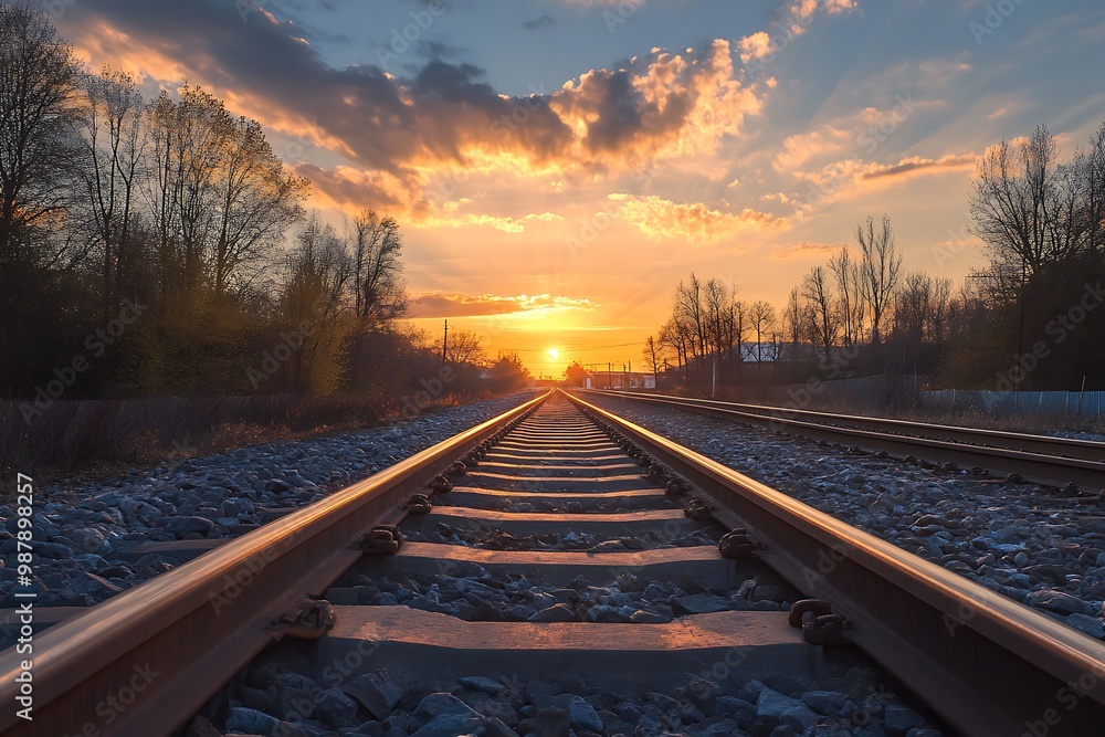 Fototapeta premium Endless Railroad Tracks Leading to a Beautiful Sunset