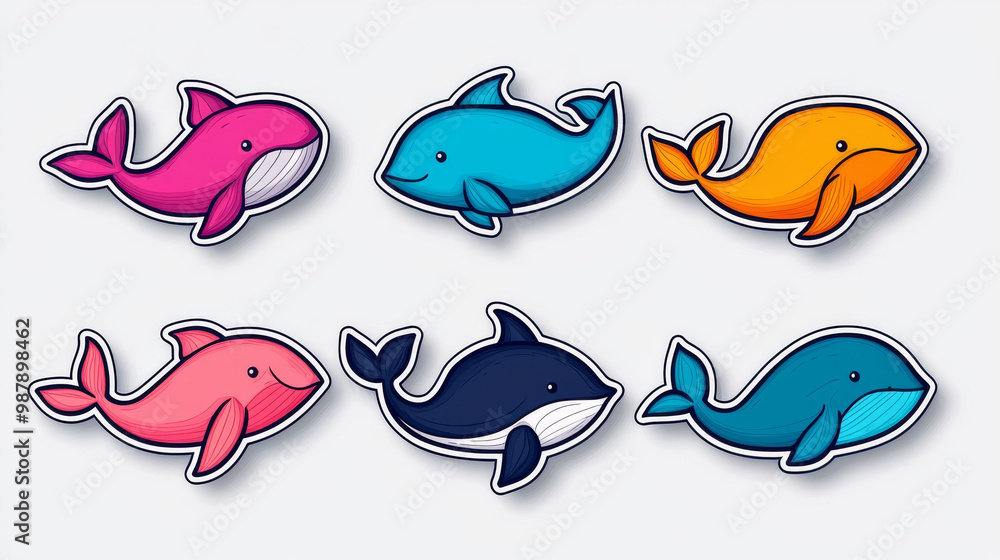 Naklejka premium Set of six colorful cartoon whales.