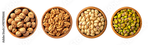 Four wooden bowls filled with various nuts including walnuts and pistachios offer a healthy and delicious snack