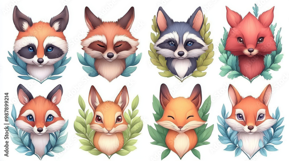 Cute cartoon foxes, a raccoon, and a bunny. Cute cartoon foxes, a raccoon, and a bunny.