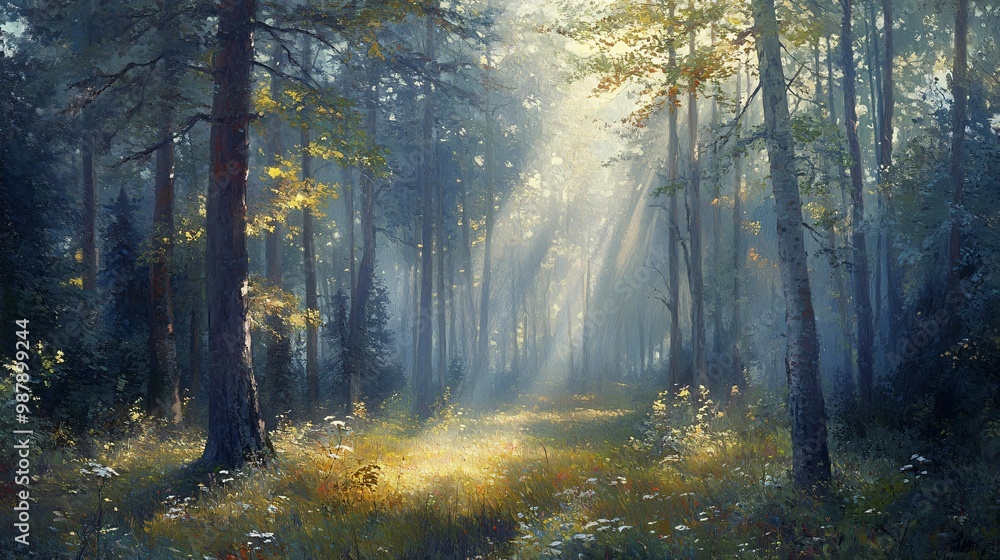 Sunbeams Illuminating a Path Through a Dense Forest Sunbeams Illuminating a Path Through a Dense Forest