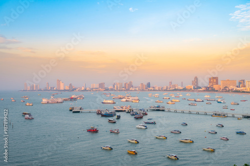 Aerial view of Pattaya with sunset in thailand