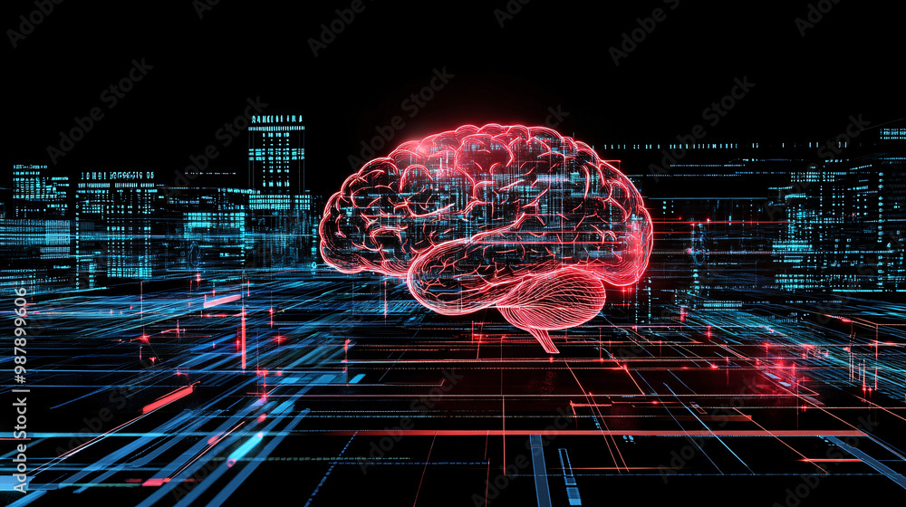 Brain. Human brain in a digital matrix. Dark background. Intelligence and data. Ethical considerations of brain-data fusion. Brain. Human brain in a digital matrix. Dark background. Intelligence and data. Ethical considerations of brain-data fusion.