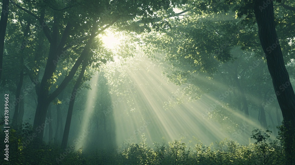 Sunbeams Illuminating a Misty Forest Sunbeams Illuminating a Misty Forest