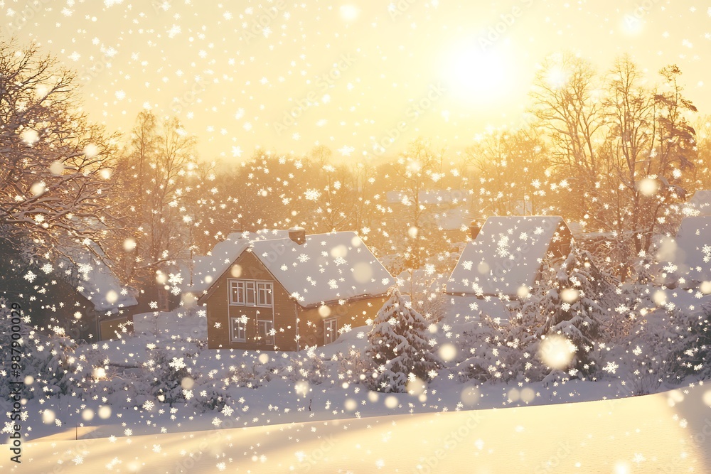 snowfall of snowflakes on trees and houses background, winter sunrise or sunset snow wallpaper, snowy day landscape banner, Christmas morning, beauty of frost winter holidays snowfall of snowflakes on trees and houses background, winter sunrise or sunset snow wallpaper, snowy day landscape banner, Christmas morning, beauty of frost winter holidays